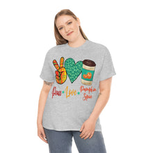 Load image into Gallery viewer, Peace, Love, Pumpkin Spice Fall Cotton Tee
