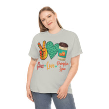 Load image into Gallery viewer, Peace, Love, Pumpkin Spice Fall Cotton Tee
