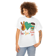 Load image into Gallery viewer, Peace, Love, Pumpkin Spice Fall Cotton Tee
