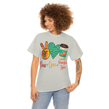 Load image into Gallery viewer, Peace, Love, Pumpkin Spice Fall Cotton Tee
