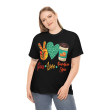 Load image into Gallery viewer, Peace, Love, Pumpkin Spice Fall Cotton Tee
