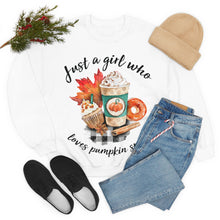 Load image into Gallery viewer, Just A Girl Who Loves Pumpkin Spice Fall Crewneck Sweatshirt
