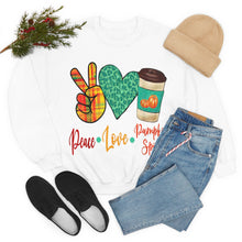 Load image into Gallery viewer, Peace, Love, Pumpkin Spice Fall Crewneck Sweatshirt
