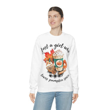 Load image into Gallery viewer, Just A Girl Who Loves Pumpkin Spice Fall Crewneck Sweatshirt
