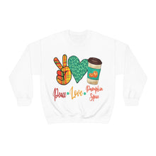 Load image into Gallery viewer, Peace, Love, Pumpkin Spice Fall Crewneck Sweatshirt
