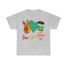 Load image into Gallery viewer, Peace, Love, Pumpkin Spice Fall Cotton Tee
