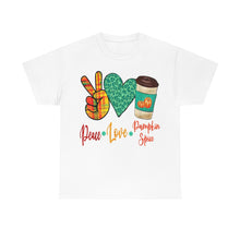 Load image into Gallery viewer, Peace, Love, Pumpkin Spice Fall Cotton Tee
