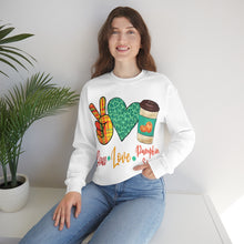 Load image into Gallery viewer, Peace, Love, Pumpkin Spice Fall Crewneck Sweatshirt
