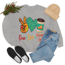 Load image into Gallery viewer, Peace, Love, Pumpkin Spice Fall Crewneck Sweatshirt
