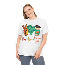 Load image into Gallery viewer, Peace, Love, Pumpkin Spice Fall Cotton Tee
