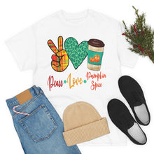 Load image into Gallery viewer, Peace, Love, Pumpkin Spice Fall Cotton Tee
