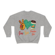 Load image into Gallery viewer, Peace, Love, Pumpkin Spice Fall Crewneck Sweatshirt
